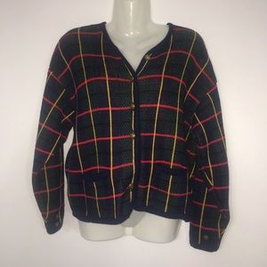 Tally-Ho Creations‎ Vintage Plaid Knit Cardigan Navy Red Gold Anchor Buttons